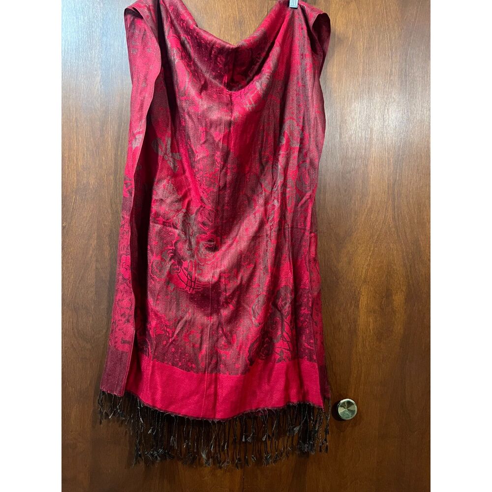 100% Cashmere Red Rectangle Fringe Scarf Shawl Brown Floral Garden Reversible